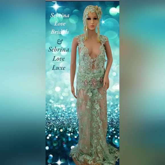 "LADY STEPHANIE" 2 Piece Mint Green & Gold Gatsby Inspired Wedding Gown Set - Picture 3 of 12